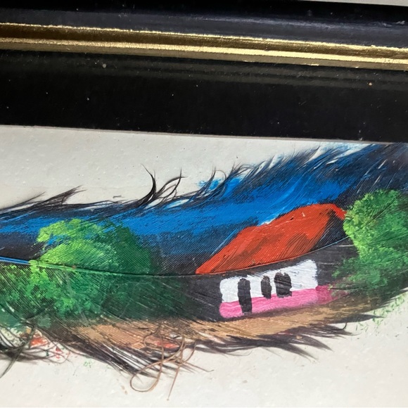 Vintage feather art in picture frame - Picture 2 of 4